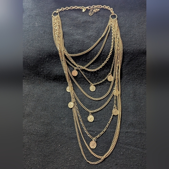 Lydell Jewelry - Lydell Gold Tone Layered Chain Faux Coin Statement Necklace